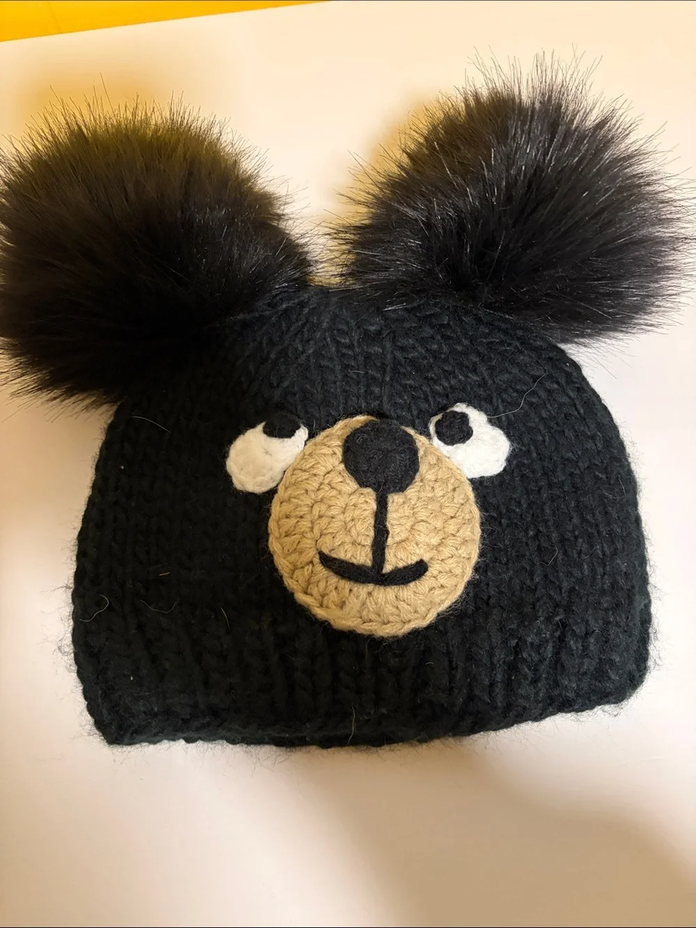 Kids Black Bear Knit Hat with Double Pom-Poms